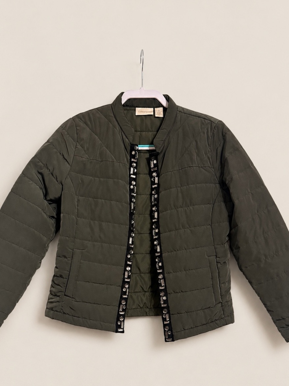 Chico’s Olive Green Quilted Embellished Jacket Size 0